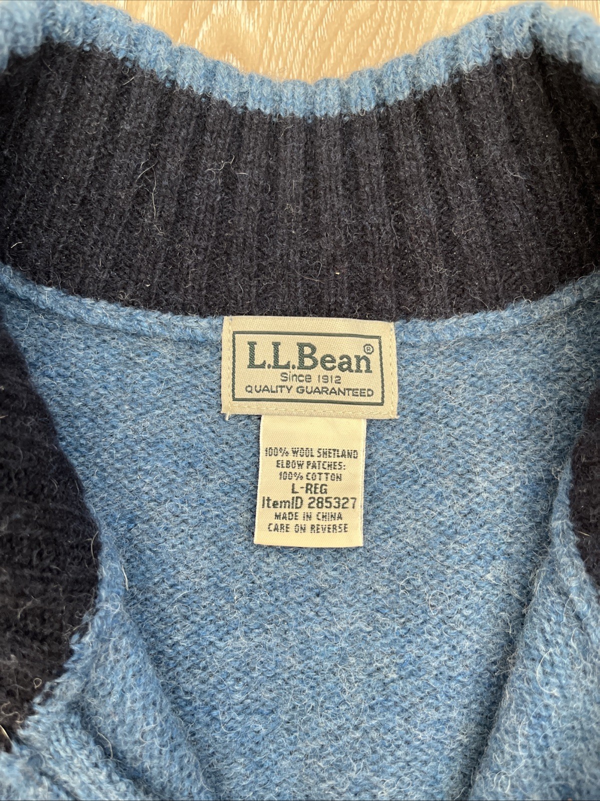 LL Bean Mens 100% Wool Shetland Sweater 1/4 Zip Pullover Elbow Patch Blue Size L