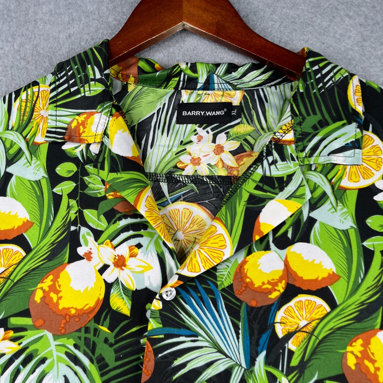 Barry Wang Tropical Lemon Print Floral Shirt XL Button Up Short Sleeve Mens XL