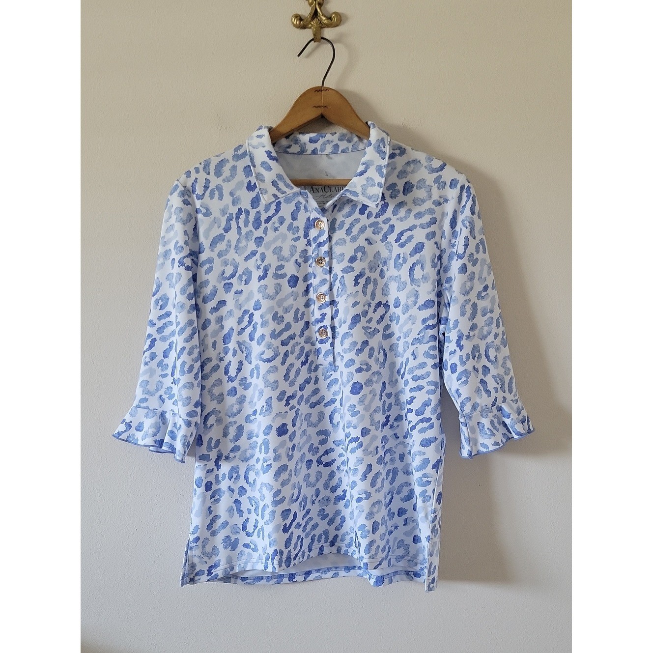NWT Ana Clare Active Blue White Mira Flounce Sleeve Polo Size Large