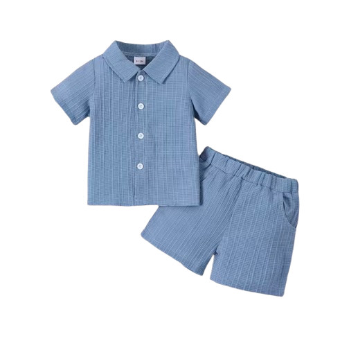 Baby Boy Jacquard Outfit – Short Sleeve Woven Shirt Top + Matching Shorts