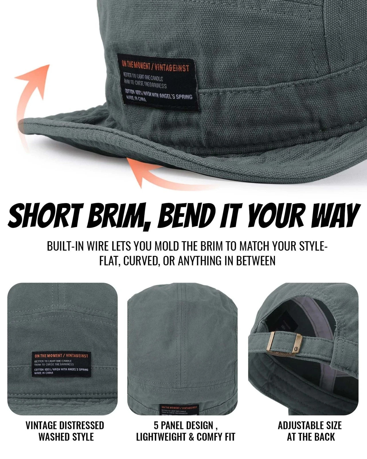 Short Brim Baseball Cap 5 Panel Hat Soft Short Bill Trucker One Size Dy09-grey