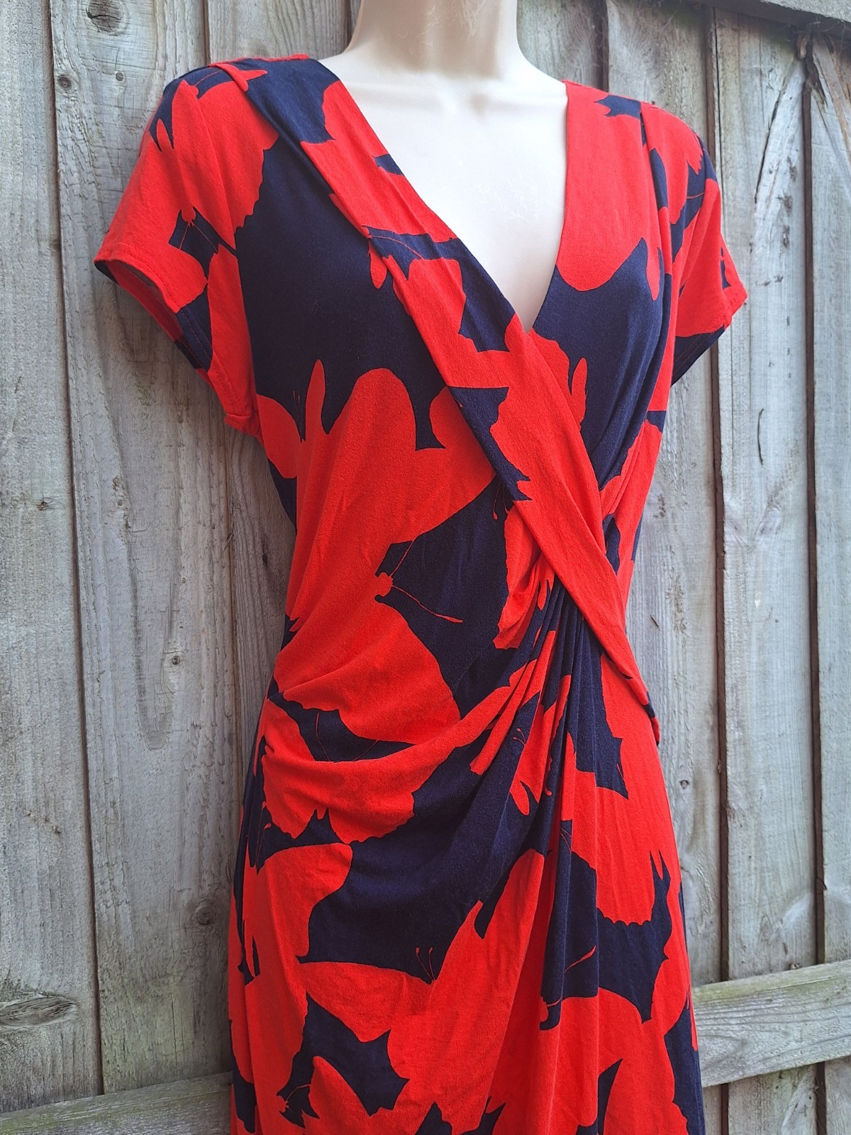 Phase Eight Ruched Red Navy Blue Summer Jersey Stretch Dress UK 16 EU 44 USA 12