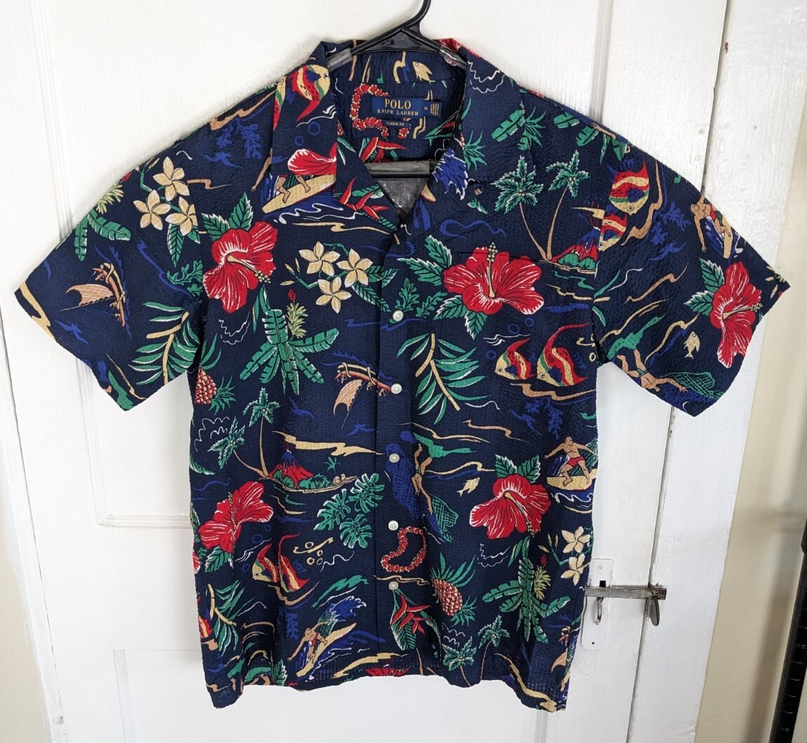Polo Ralph Lauren Seersucker Floral Camp Shirt Men M Aloha Island Surf Print
