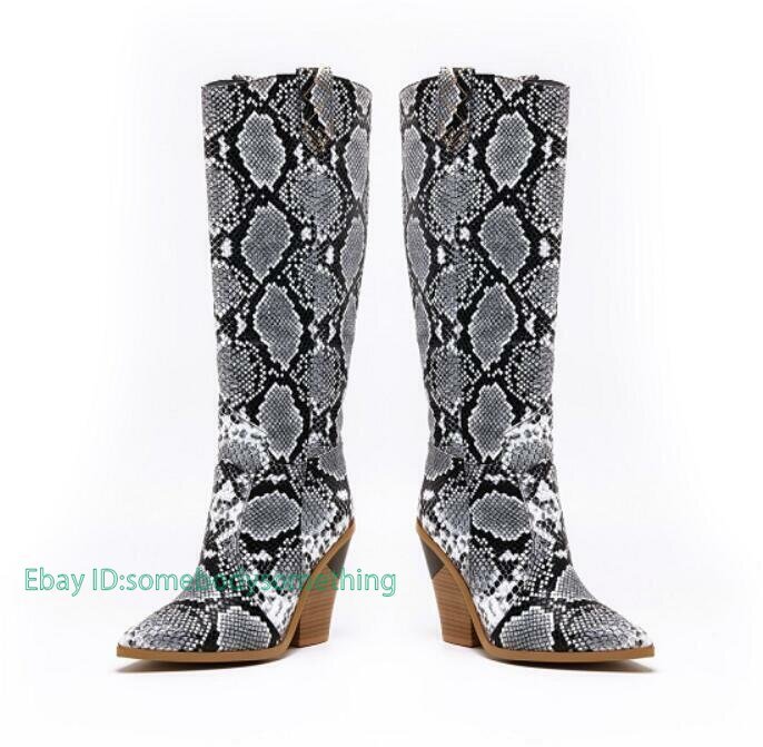 Women Pointy Toe Block Heel Cowboy Knee High Boots Pull On Outdoor Casual Shoes