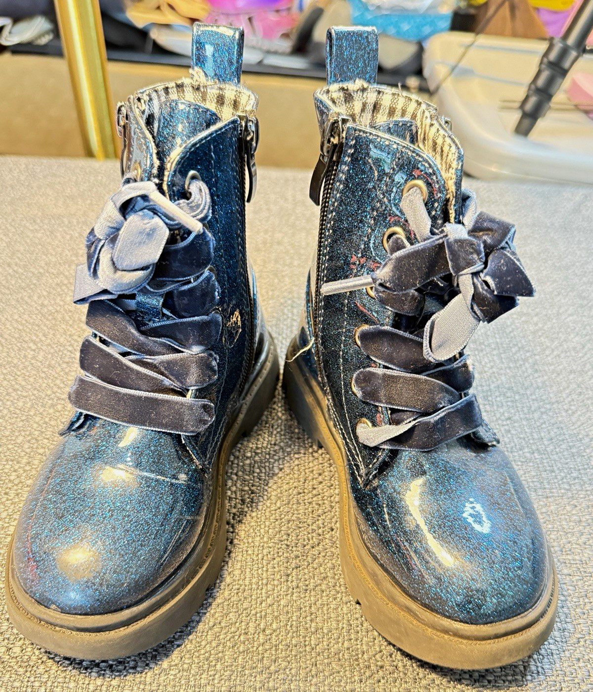 Girls Blue Glitter Ankle Bootie w/ Side Zip, Bow Accent, Round Toe, US 9.5