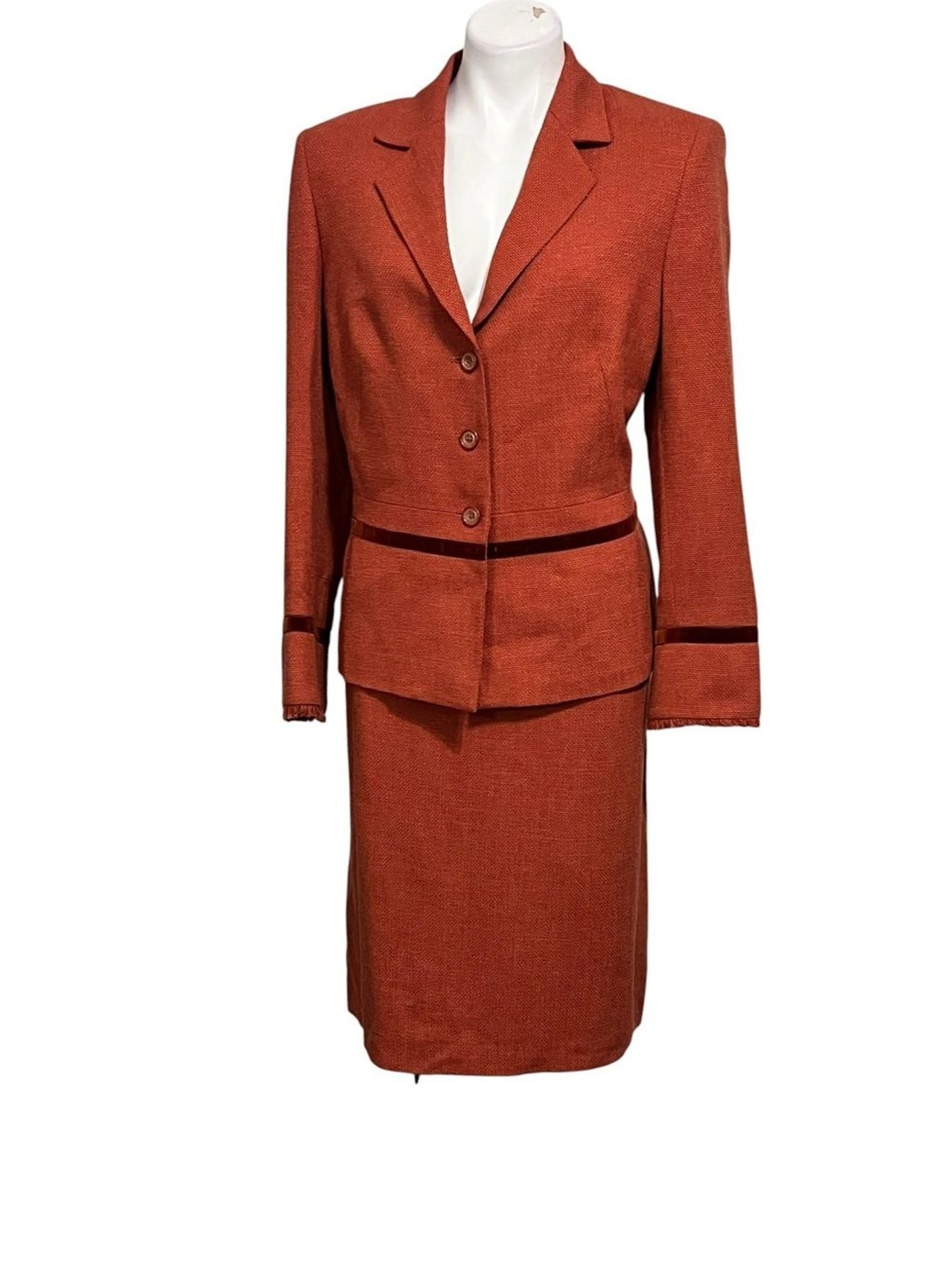 Kasper Two-Piece Skirt Suit 14/16 Rust Orange fringe/suede detail office Vtg