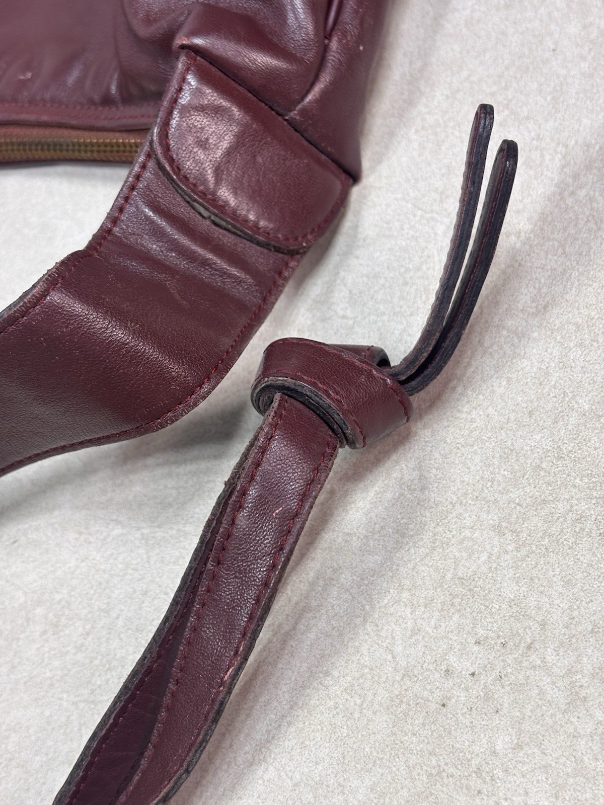 1980s Etienne Aigner Oxblood Leather Knotted Hobo Bag Curved Scoop Purse