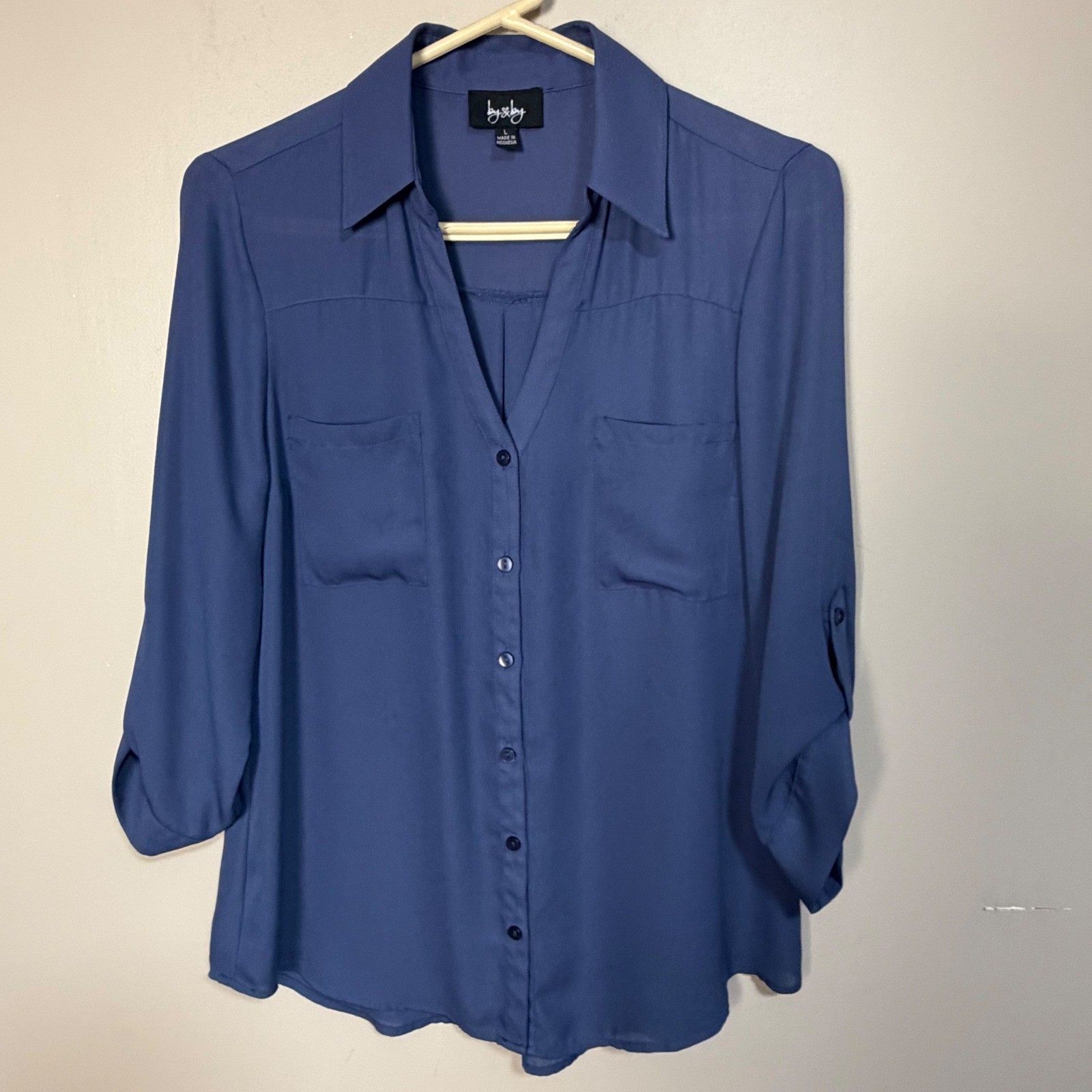 By & By Womens Large Blue Roll Tab Sleeve Button Down Blouse Chest Pockets