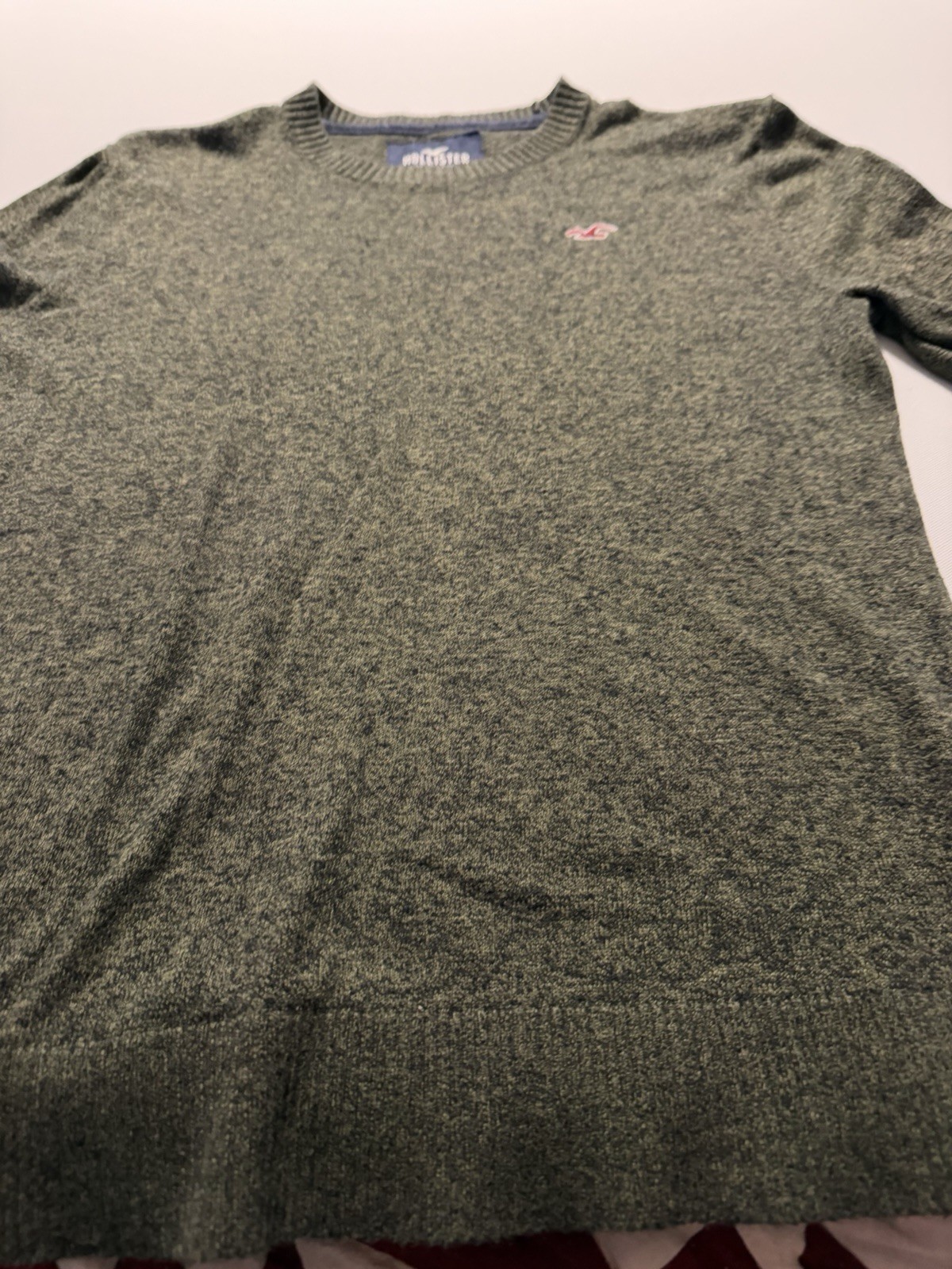 Hollister Men’s Crewneck Sweater Medium Olive Green Marl Pullover Logo Knit M