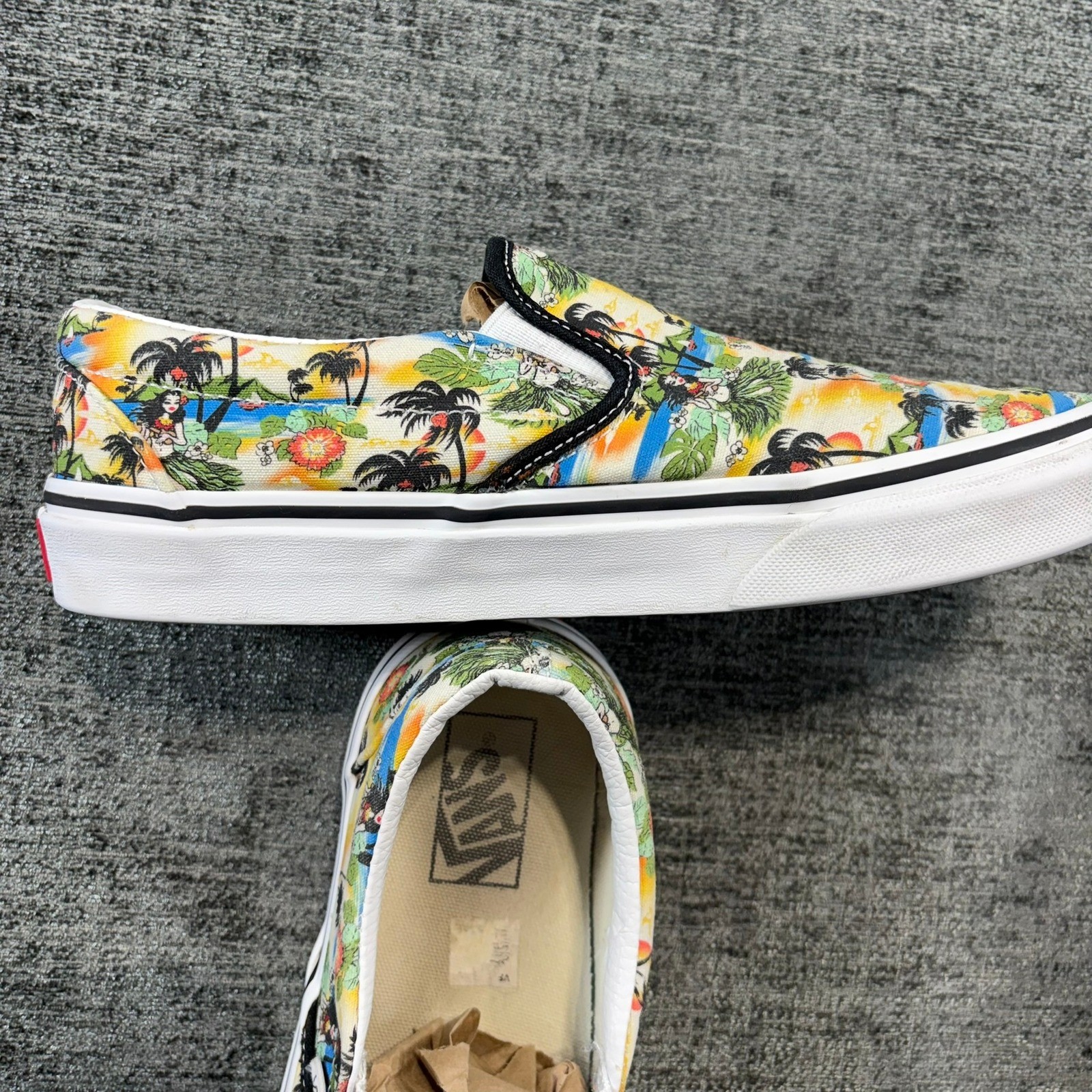 Vans Slip On Unisex Men 8 Women 9.5 Multicolor Hula Girl Tropical Beach Sunset