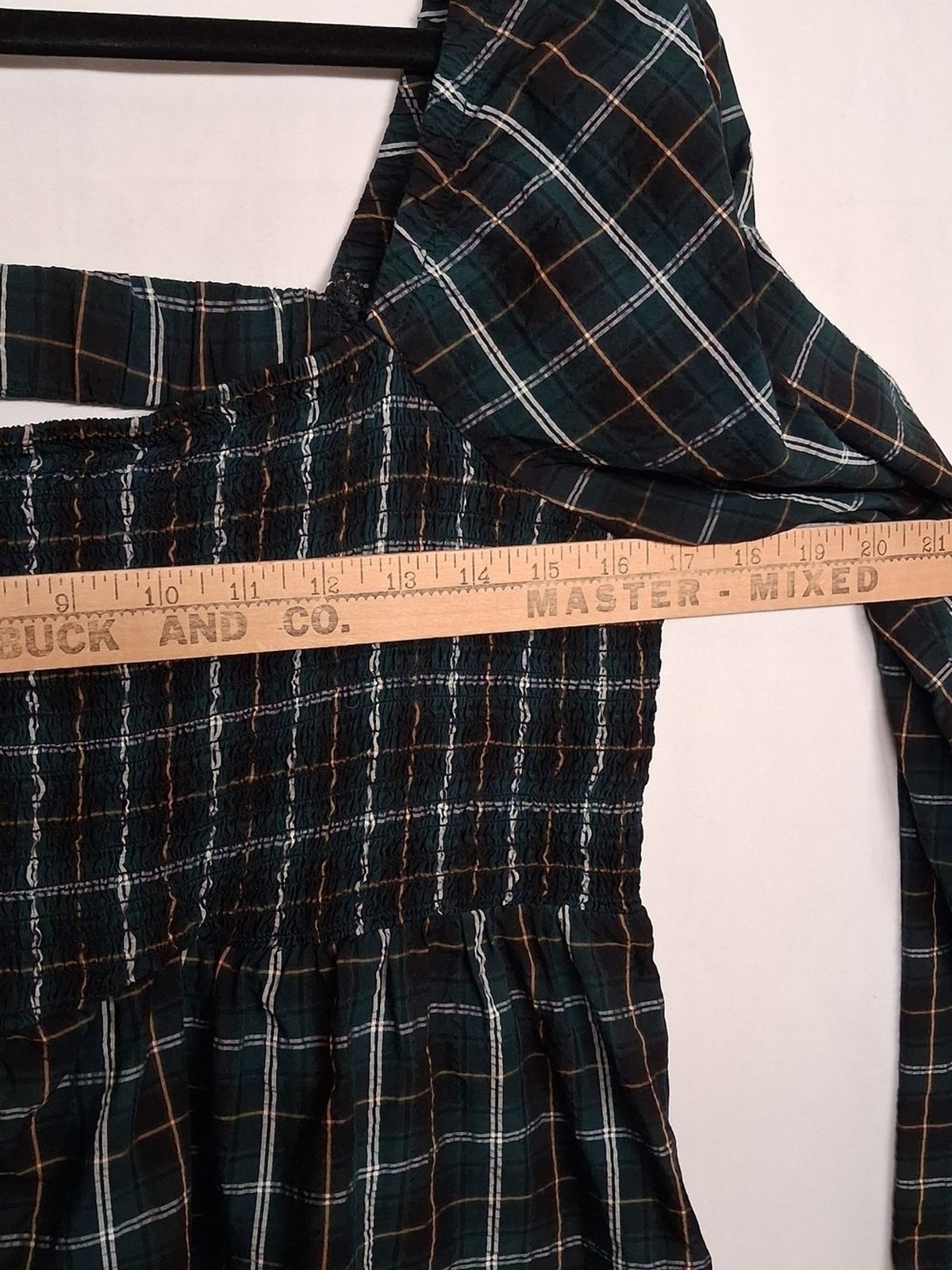OLD NAVY Plaid Peplum Top Smocked Square Neck Long Sleeve Green Print Large