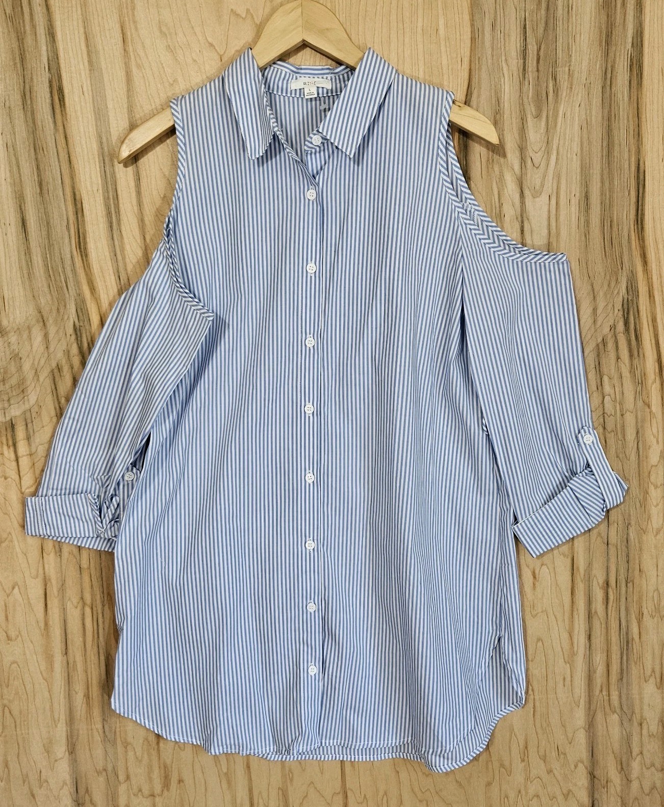 Mine Womens Pinstripe Cold Shoulder Top Button Down Tunic Top w/Belt Size Large