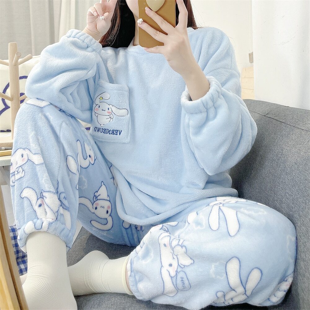 NEW!! Cute Cartoon Pajamas Kawaii Sanrioed My Melody Cinnamoroll Flannel Pullov