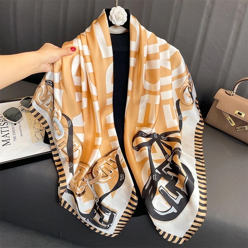 110x110cm Women Silk Square Scarf Luxury Printed Hijab Large Bandana Shawl Wrap