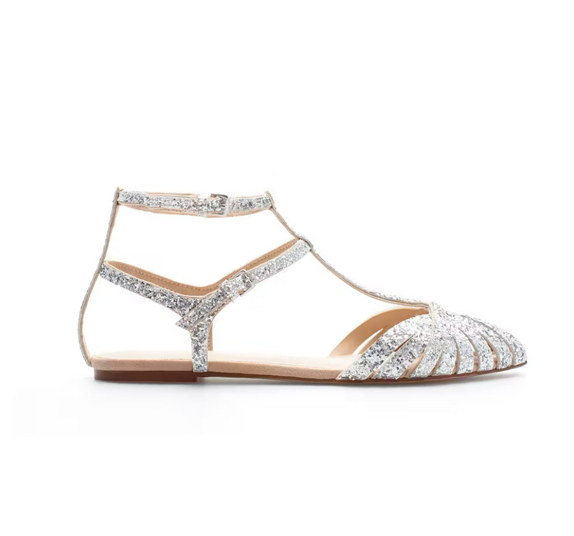 FSJ Silver Glitter Wedding Flats Pointed Toe Cut Out T-Strap Sandals