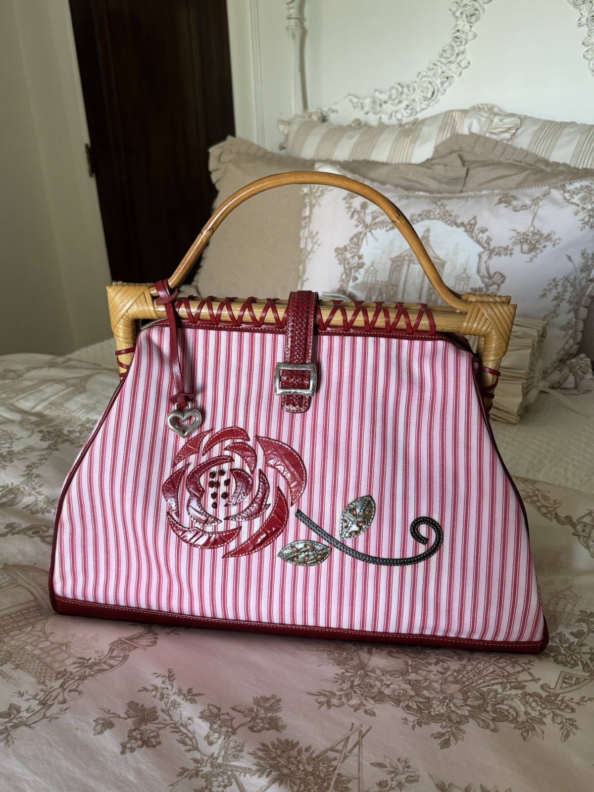 Vtg Brighton Doctors Bag Tote Handbag Red Leather Rose Bamboo Handles XLarge Bag