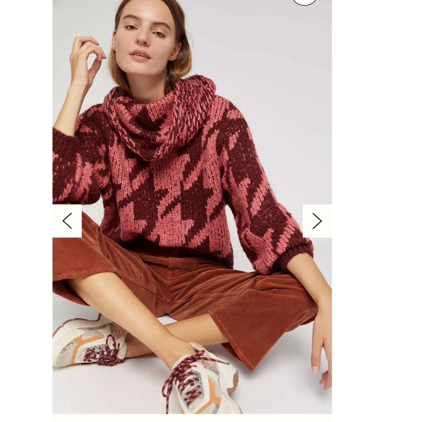 Anthropologie Houndstooth Ginny Chunky Knit Cowl Sweater Burgundy Pink Small