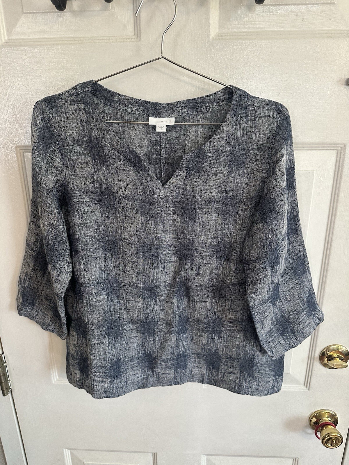 Pure Jill J Jill Linen Blend Top Women Small Plaid Pattern Navy/Gray Tone