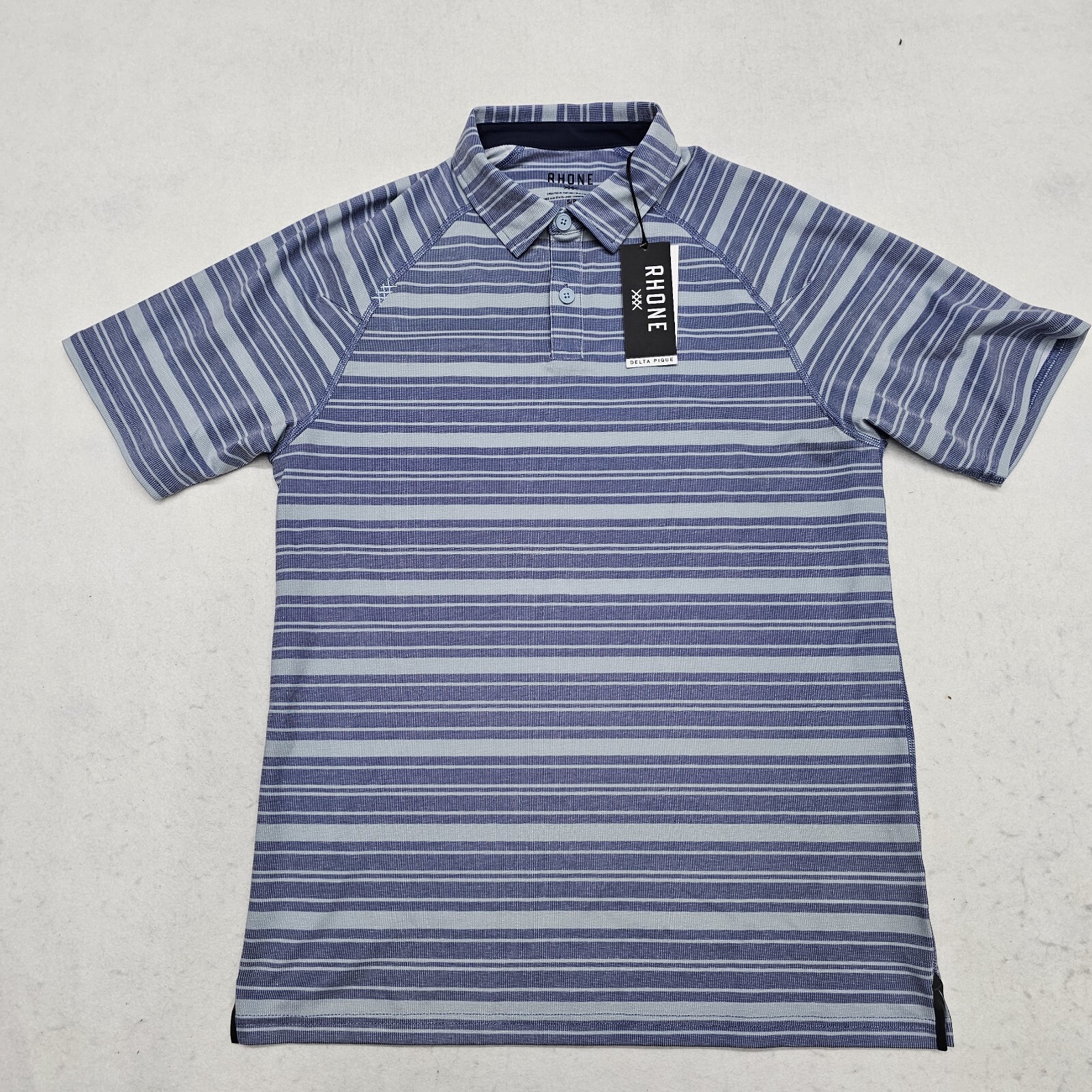 RHONE Mens Small Blue Delta Pique Stripe Polo Mesh Fabric