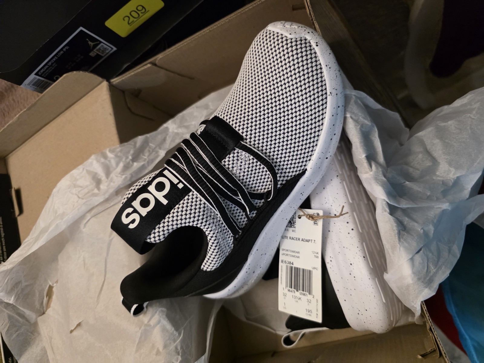 adidas Lite Racer Adapt 7.0 K Kids Slip-On Sneakers Black/White US 1 IE6384