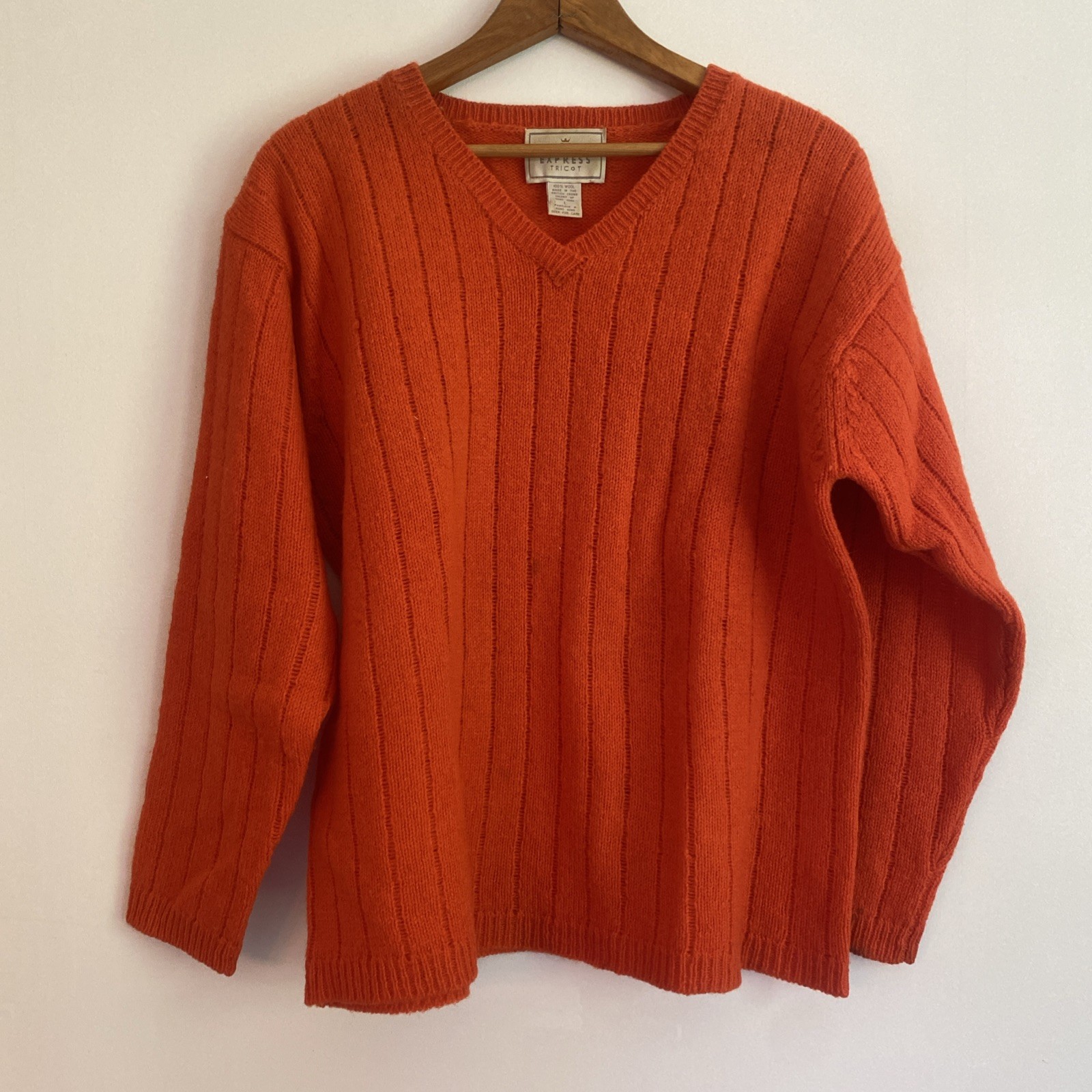 Vintage Express Tricot Sweater Womens Large Orange Wool V Neck Hong Kong 90s
