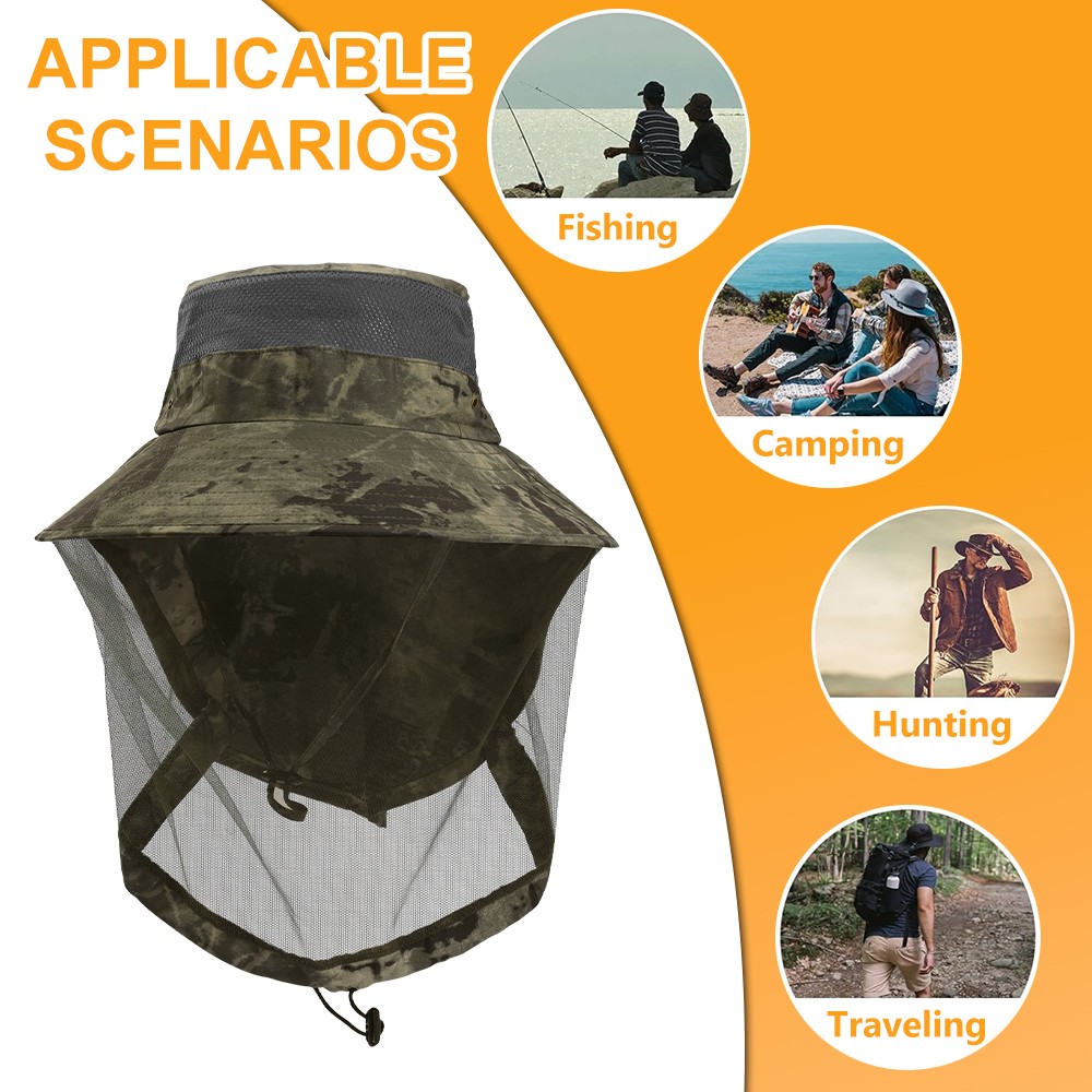 Outdoor Mosquito Sun Hat with Head Net & Neck Flap Wide Brim Cap UV Protection