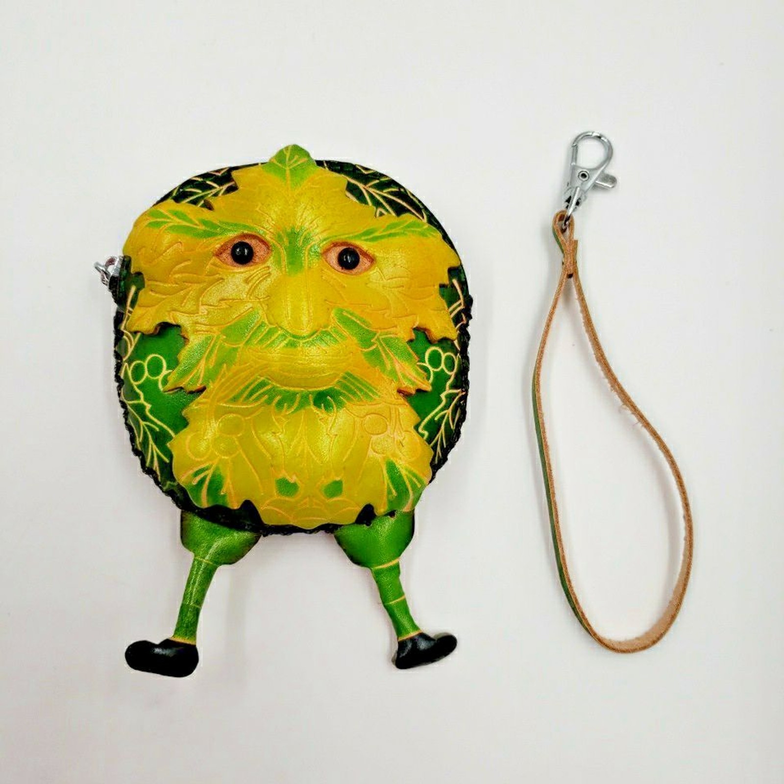 Green Man Coin Purse Woodland Fairy Wristlet Handmade Leather Gift Card Holder