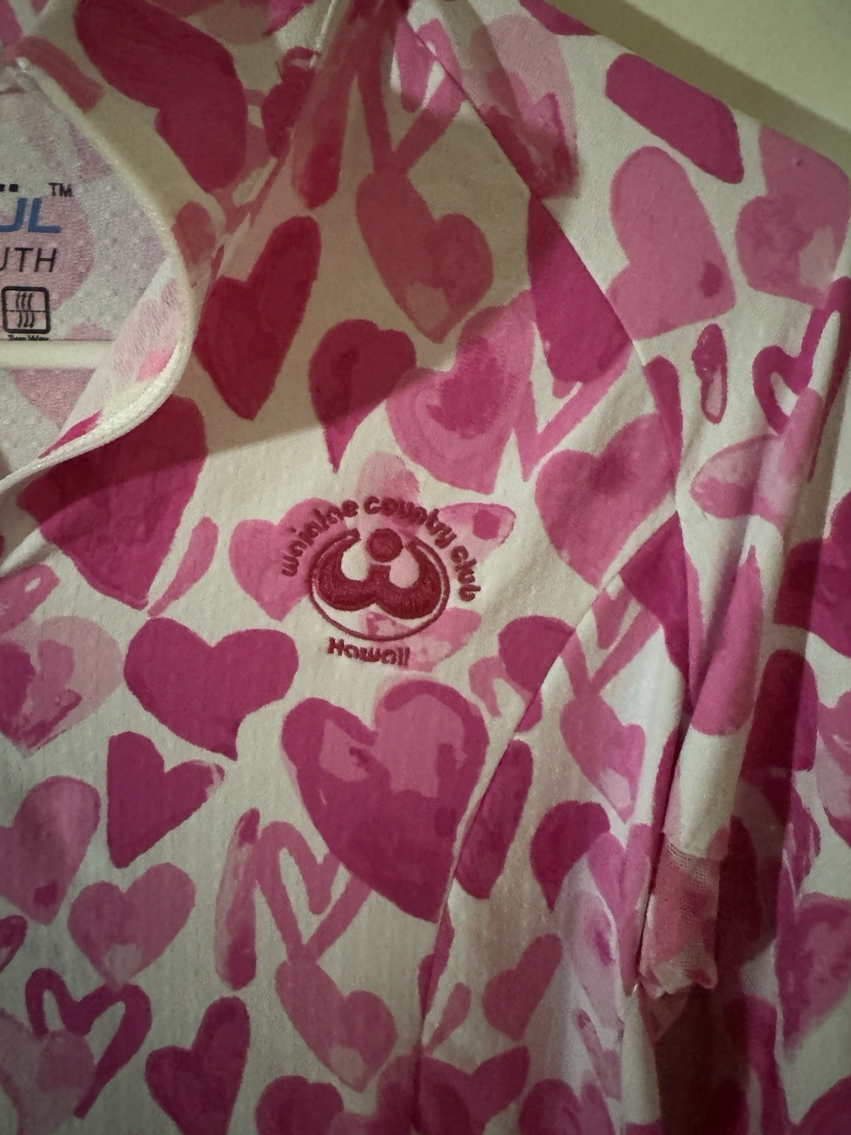 SZ L IBKUL Womens 1/4 Zip Top Pink Heart Print Mock Neck Long Sleeve UPF 50