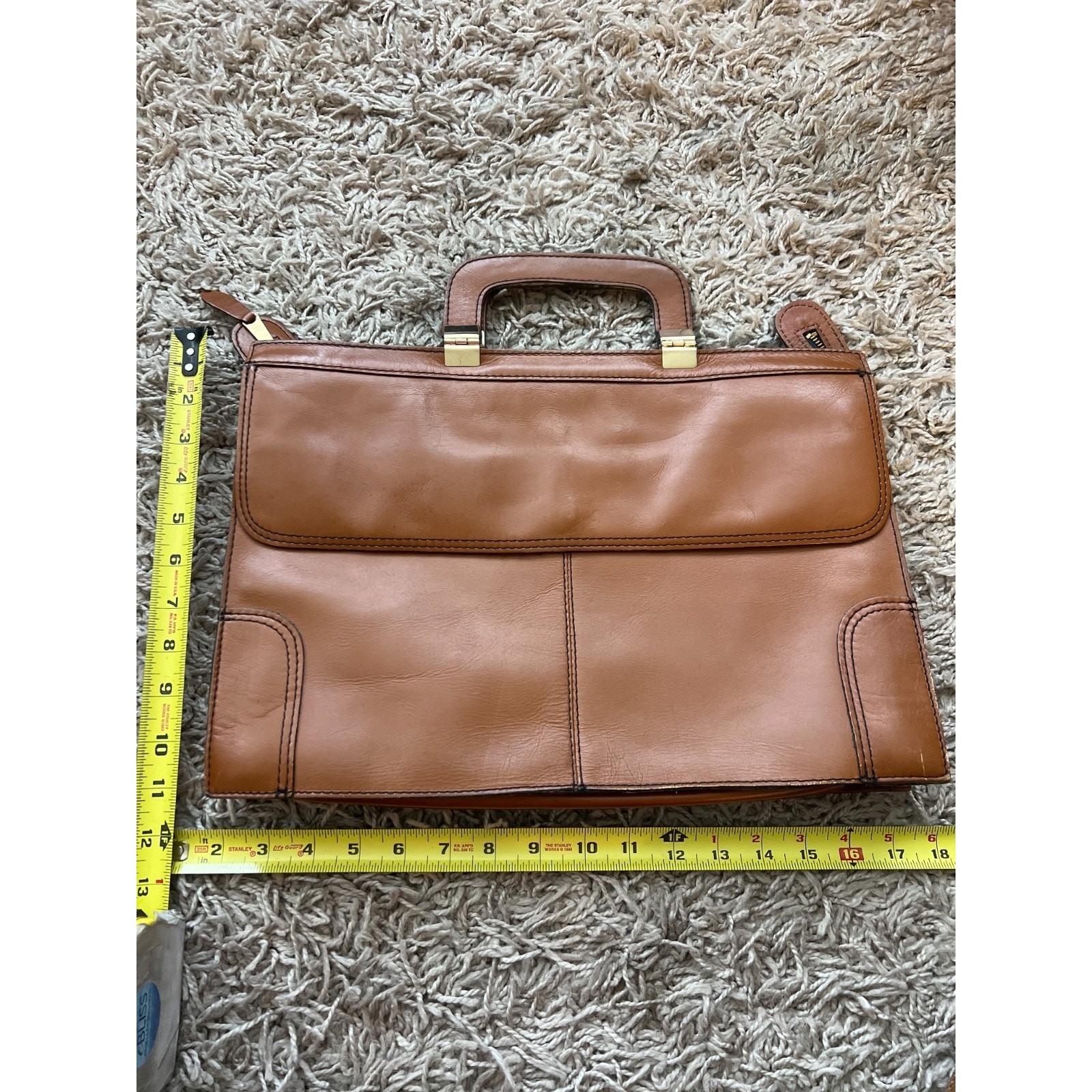 Vintage Tan Leather YKK Zip Front Flap Pocket Briefcase Document Laptop Bag