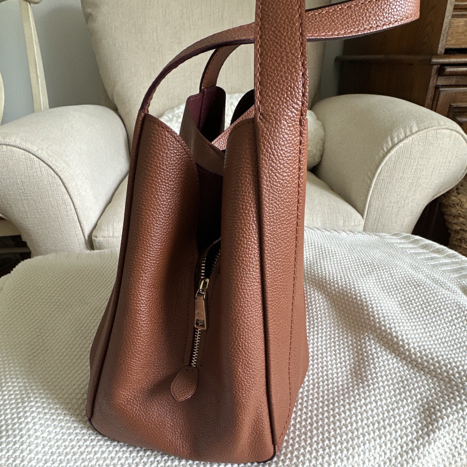 Coach Brown Pebbled Medium Shoulder Bag Zip/Magnetic Closure Gold Hardware Charm