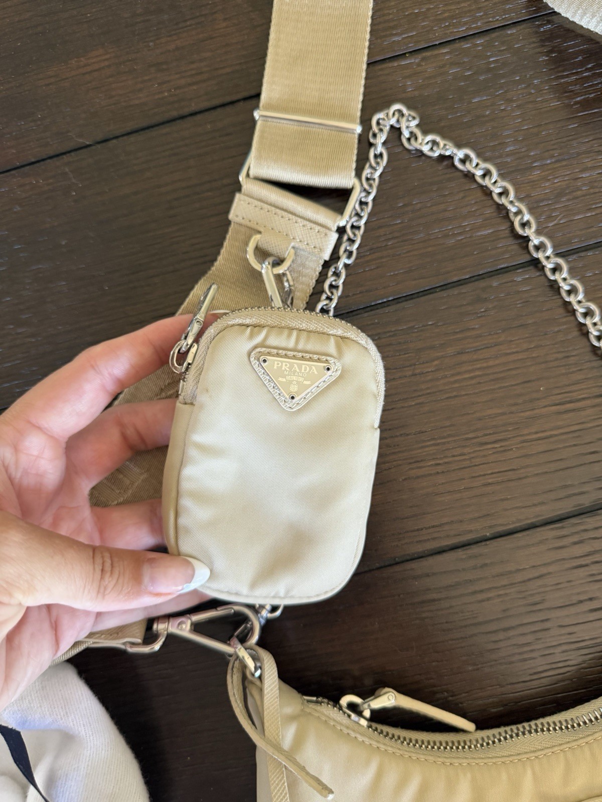 Prada Beige Nylon Shoulder Bag with Logo Strap and Chain