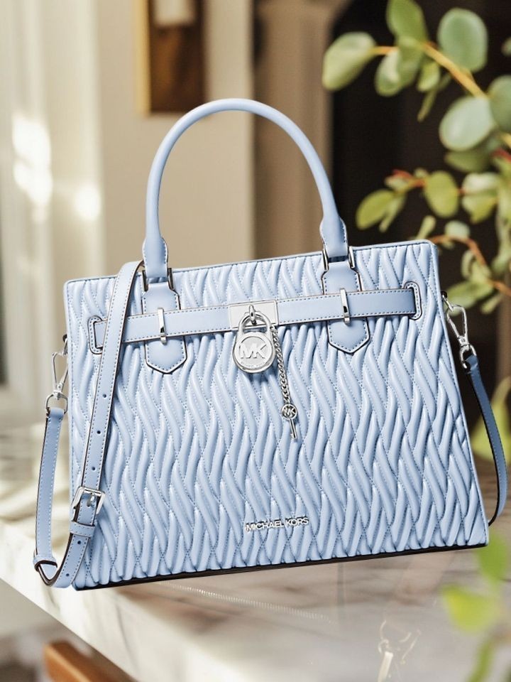 Michael Kors Hamilton Women Medium Matelassé Crossbody Satchel Bag Pale Ocean
