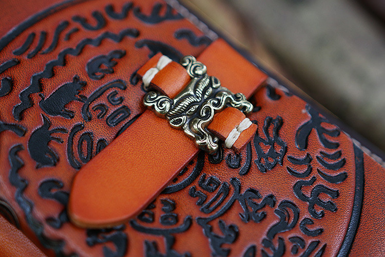 Leather Long Wallet Carved Hand Tooled Zip Around Clutch Purse +Amulet Pendant