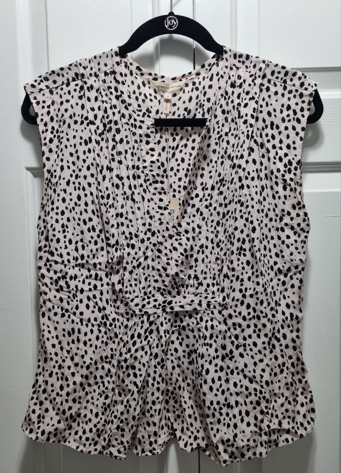 New Rebecca Taylor Polka Dot V-Neck Sleeveless Ruffle Top Pink Black Women’s 6