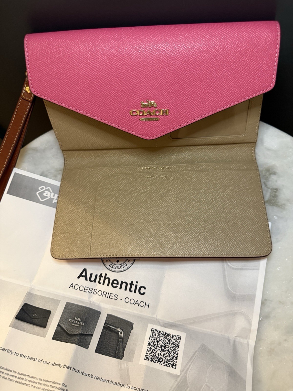 COACH Pink Crossgrain Leather Travel Envelope Wallet Wristlet Clutch