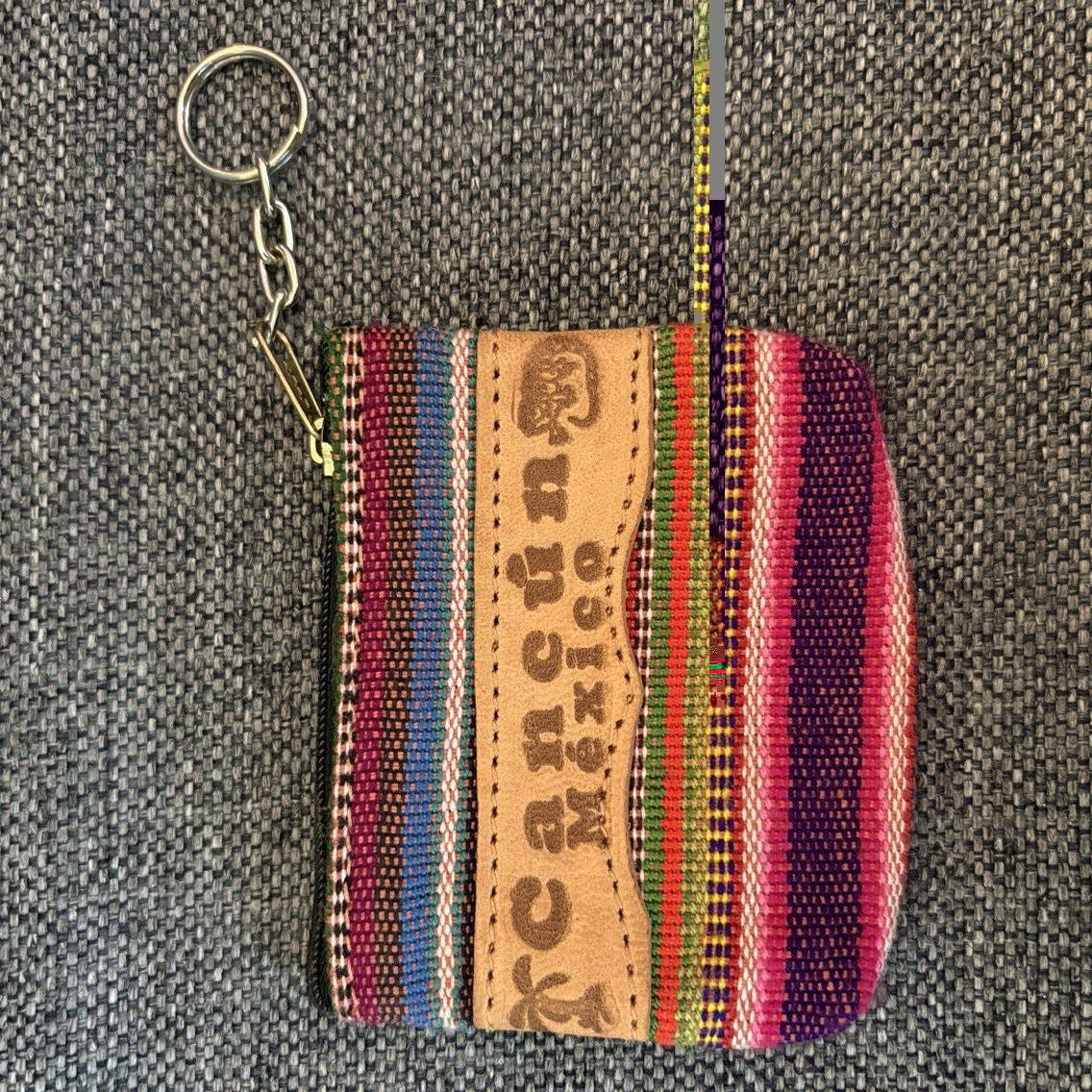 Cancun Mexico Multicolor Striped Zip Coin Wallet Keyring Credit Card Women