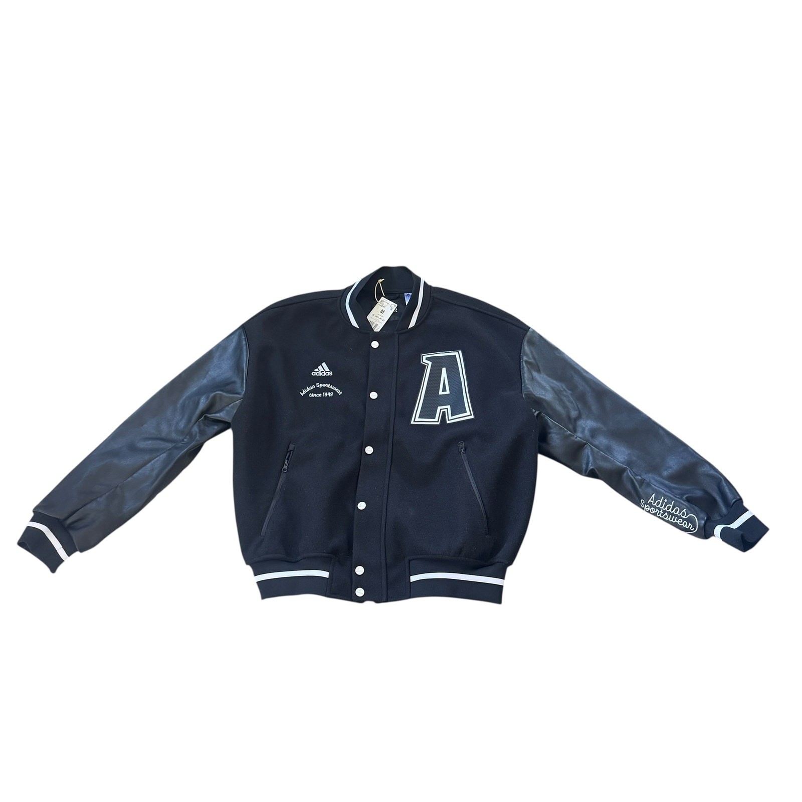 NEW Adidas Collegiate Premium Jacket Varsity Letter Jacket Black White Medium