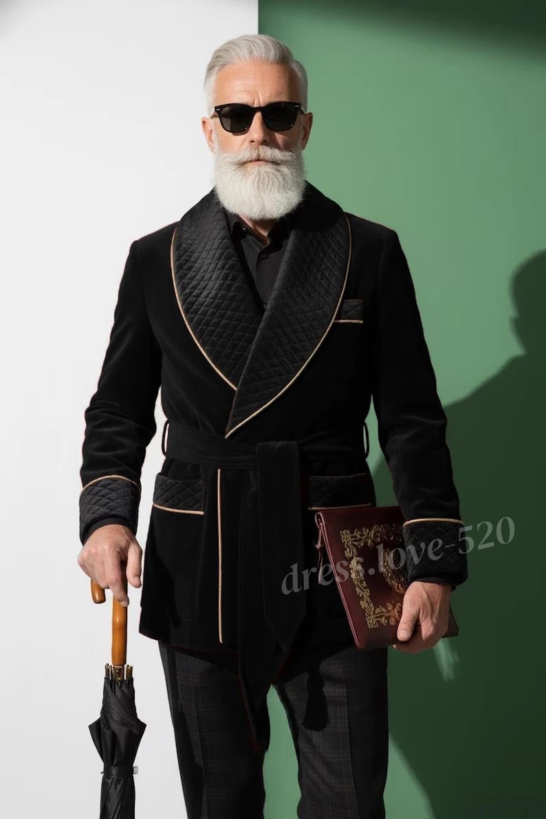 Burgundy Velvet Men Smoking Jacket with Belt Dinner Party Host Men Jackets