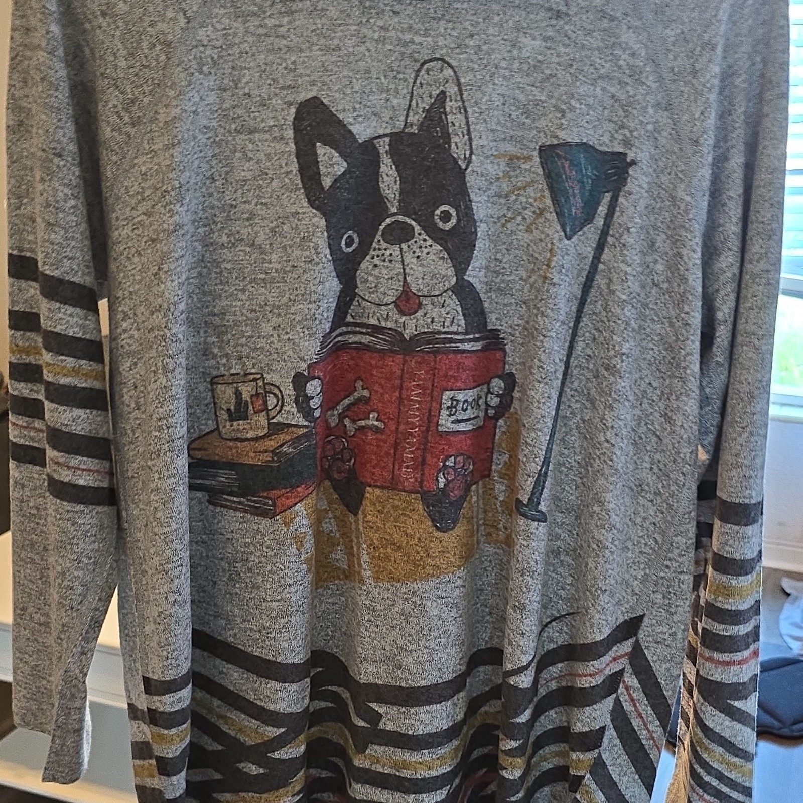Tweed Women’s L Gray French Bulldog Graphic Pullover Crewneck Raglan Sweater