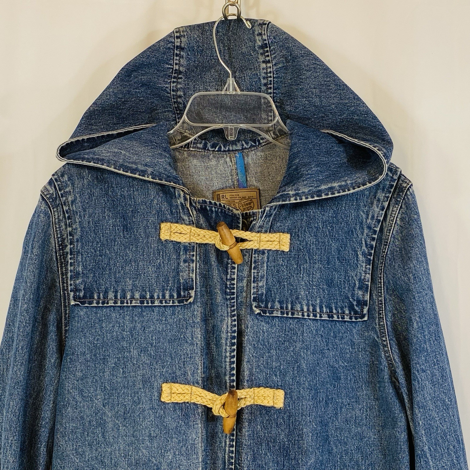 Vintage Ralph Lauren Denim Hooded Duster Jacket Chore Coat Toggle Womens M
