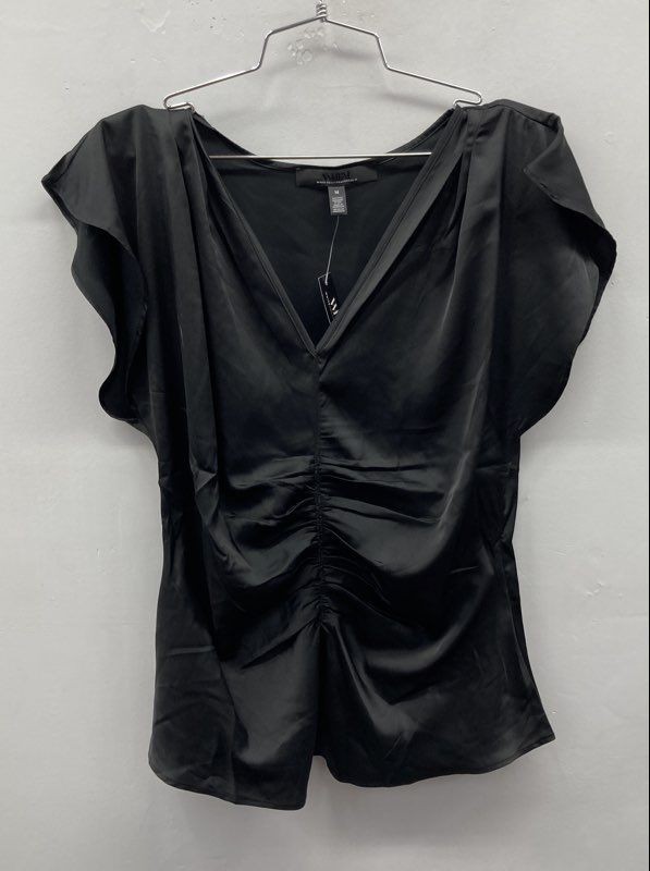 White House Black Market Women’s Black Ruched Front Flutter Sleeve Top NWT Sz M