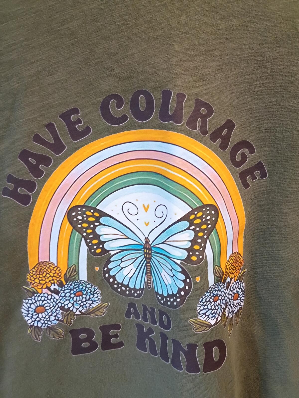 Olive Green Long Sleeve Graphic Butterfly Tee – “Have Courage and Be Kind”