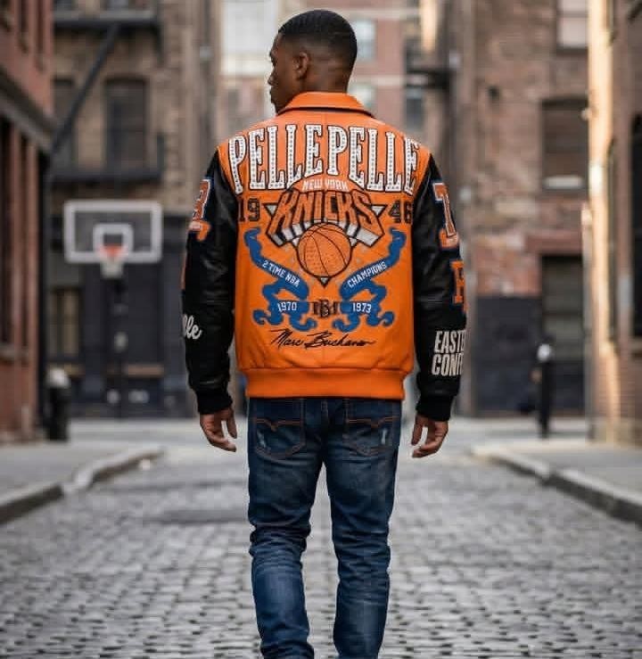 Knicks Leather Jacket Blue Orange Black Vintage Varsity Bomber Streetwear Style