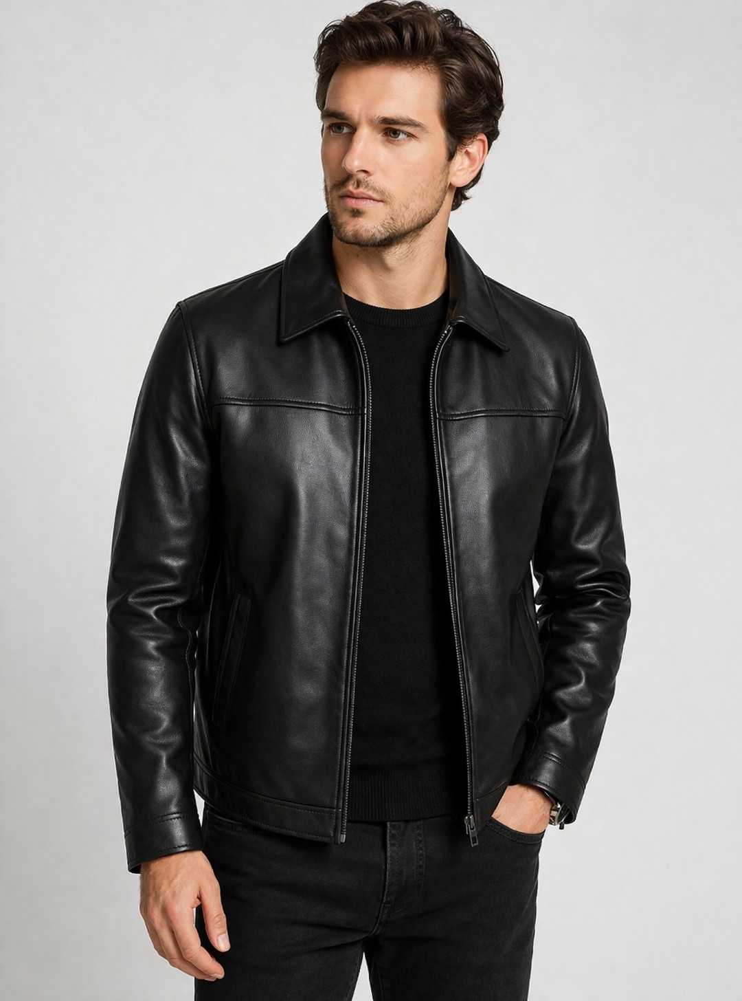 Men’s Black Genuine Cafe Racer Leather Jacket – Slim fit Biker Style Coat