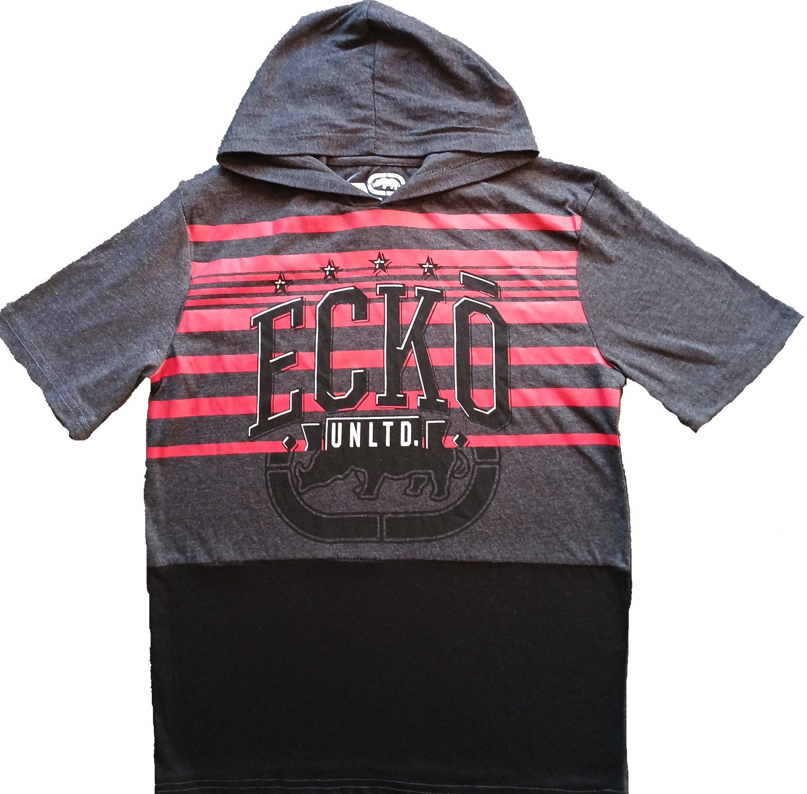 NWT ECKO UNLTD. BOYS CHARCOAL GREY/RED/BLACK HOODED TOP(Size Large 14/16) NEW