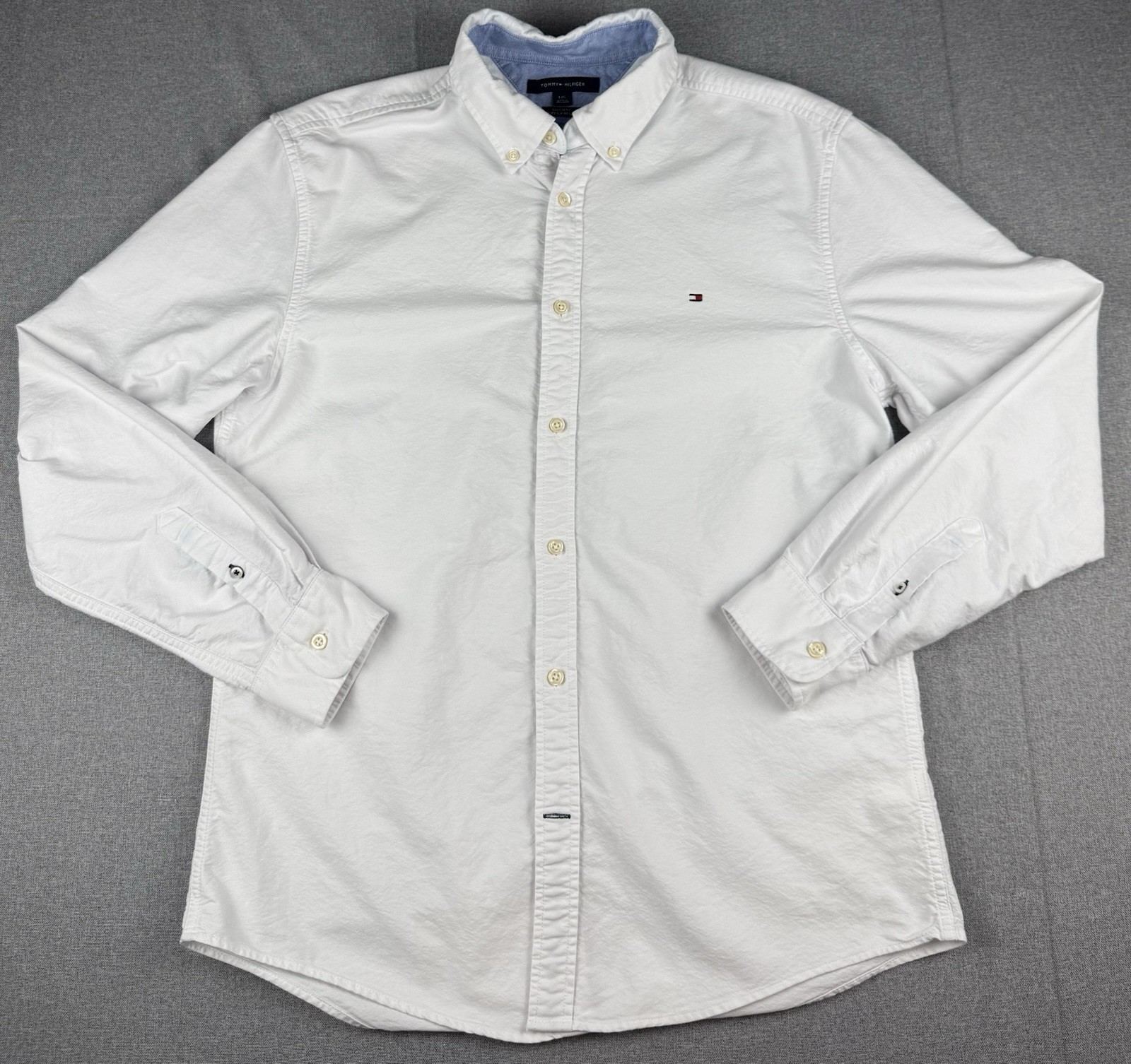 Tommy Hilfiger Custom Fit White Button Down Shirt Mens Large Logo Cotton