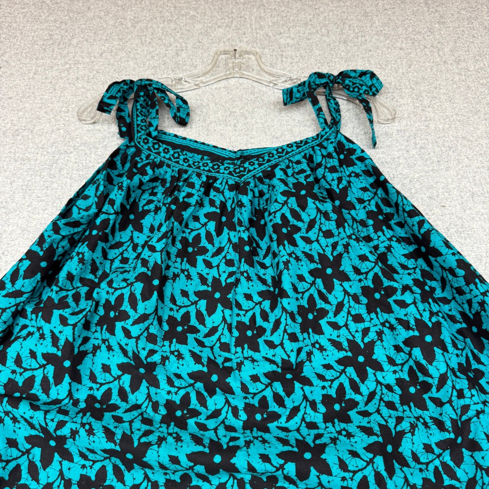 Unbranded Floral Batik Midi Dress L Teal Black Tie Strap Pockets Boho Sleeveless