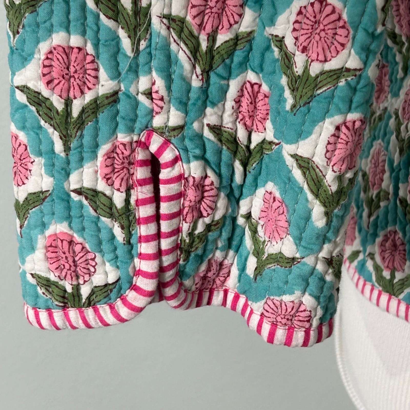 Block Print Quilted Jacket Turquoise Pink Floral Reversible Button Front Medium
