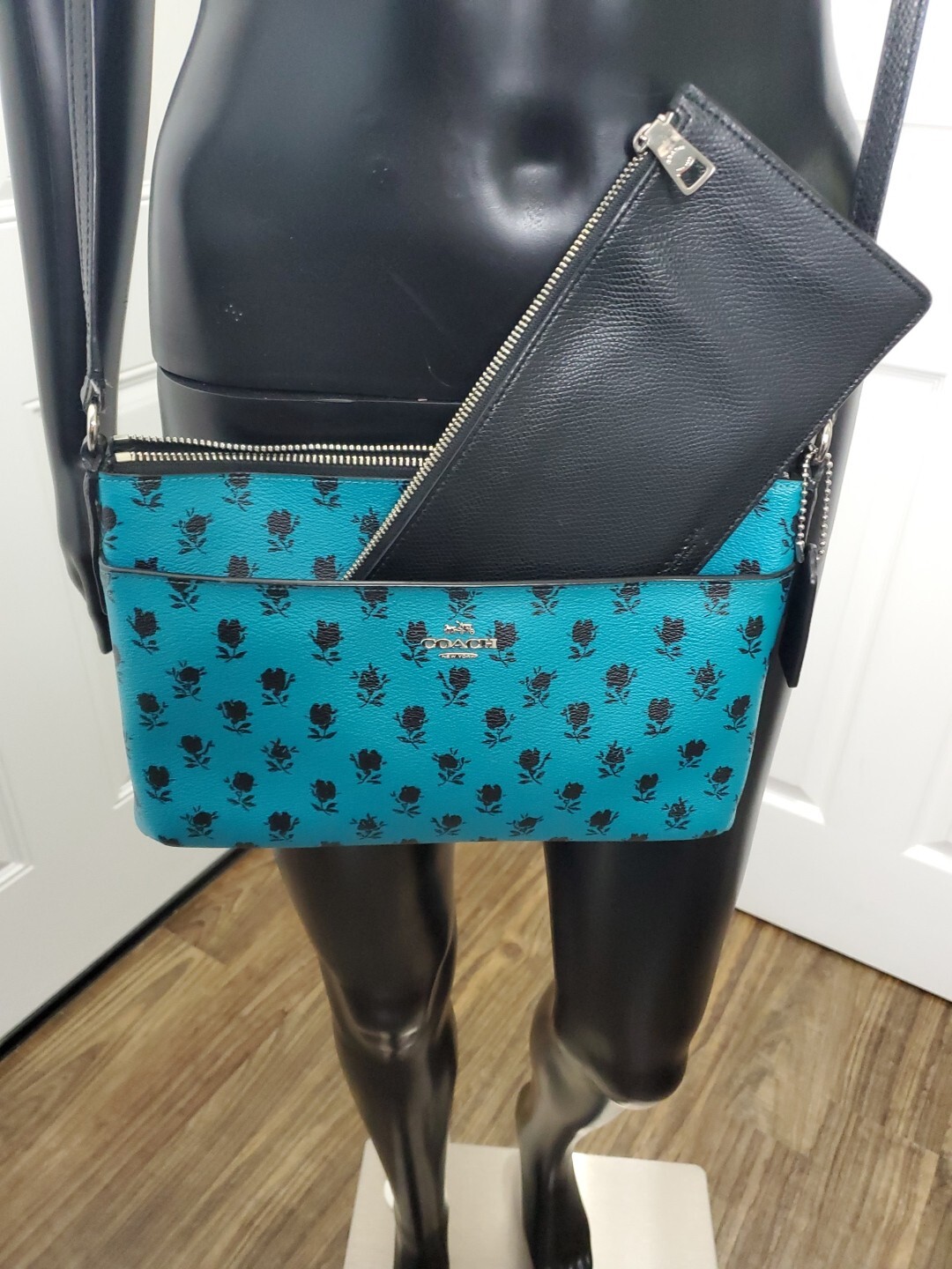 COACH Leather Floral Badlands Print Crossbody Bag Turquoise Blue Green Black