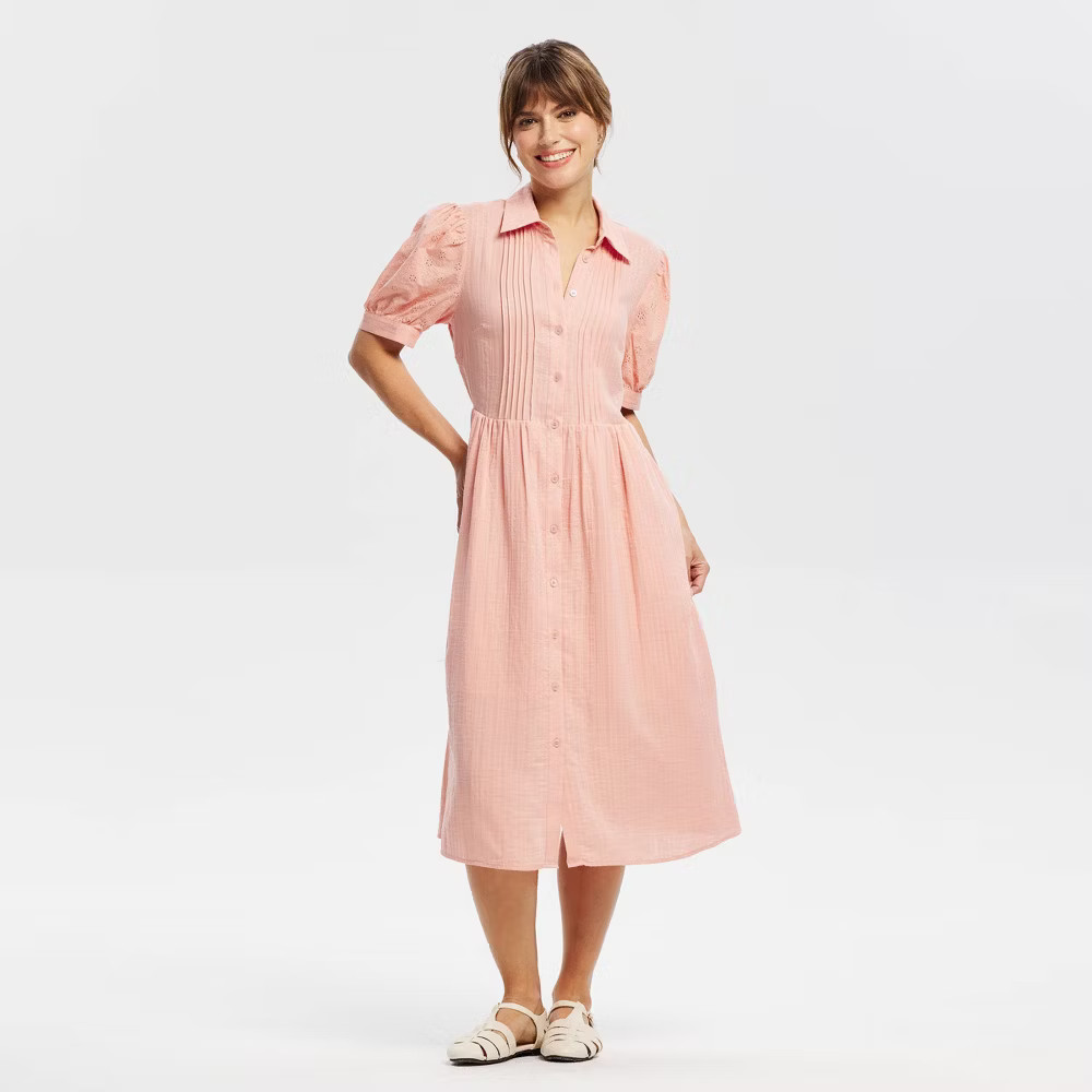 Women Puff Short Sleeve Eyelet Midi Shirtdress – Universal Thread Pink XS